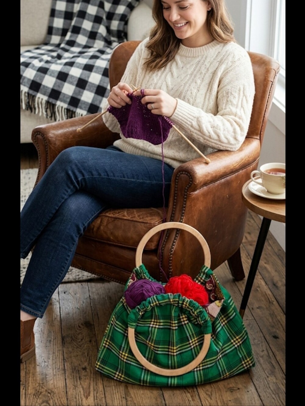Vtg Handmade green plaid wool handbag yarn tote wood handles grannycore
